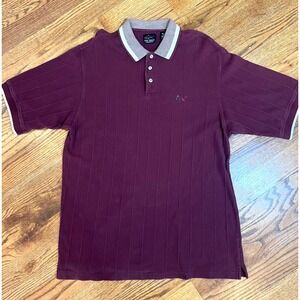 Greg Norman Collection Mens Burgundy Striped Polo Shirt Shark Logo XL Cotton